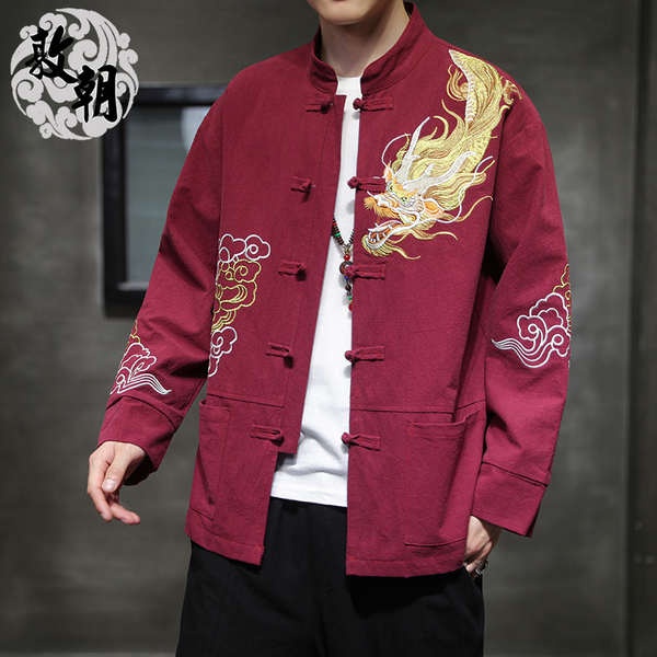中國風刺繡龍袍紅色唐裝外套男春季亞麻夾克中式盤扣復古中山裝潮