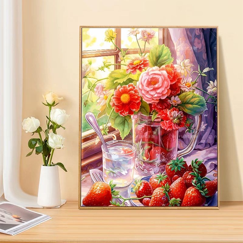 新款熱賣 數字畫 油畫 手工畫 裝飾畫 數字繪畫水果玫瑰數字油畫diy填色自己動手塗色油彩客廳餐廳掛牆裝飾掛畫