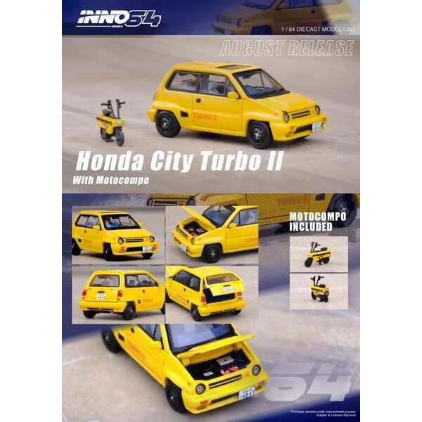 INNO送機車+開蓋1:64本田CITY TURBO II 黃色MOTOCOMPO汽車模型