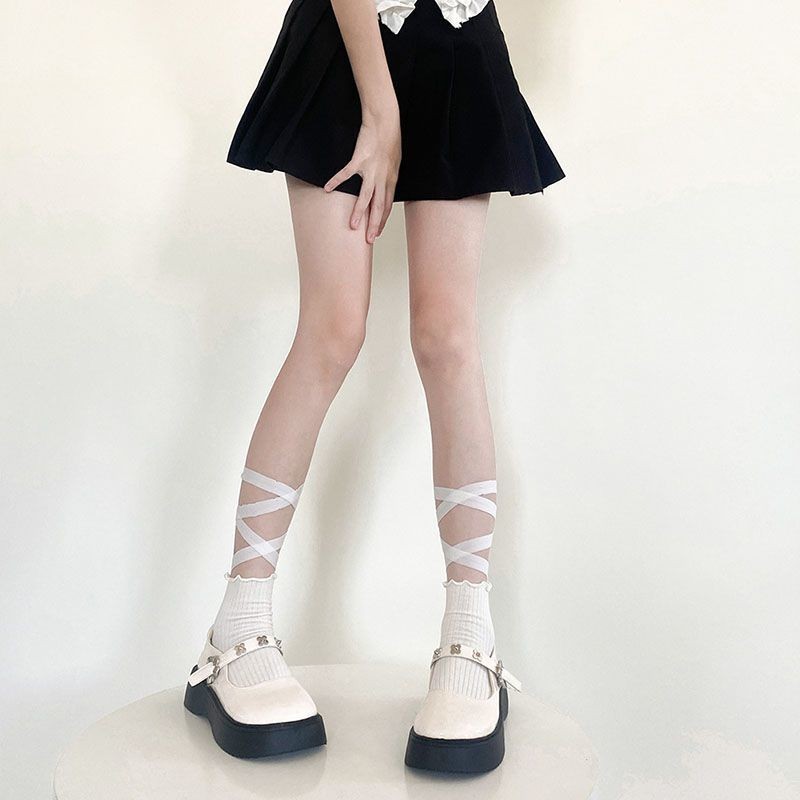 Moony JK襪 設計感 甜美可愛lolita交叉綁帶中筒襪子女純欲風辣妹甜酷jk花邊短襪顯瘦