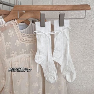 Moony JK襪 設計感 芭蕾堆堆襪子中筒夏季薄款鏤空綁帶絲帶透氣蝴蝶結白色jk超薄款