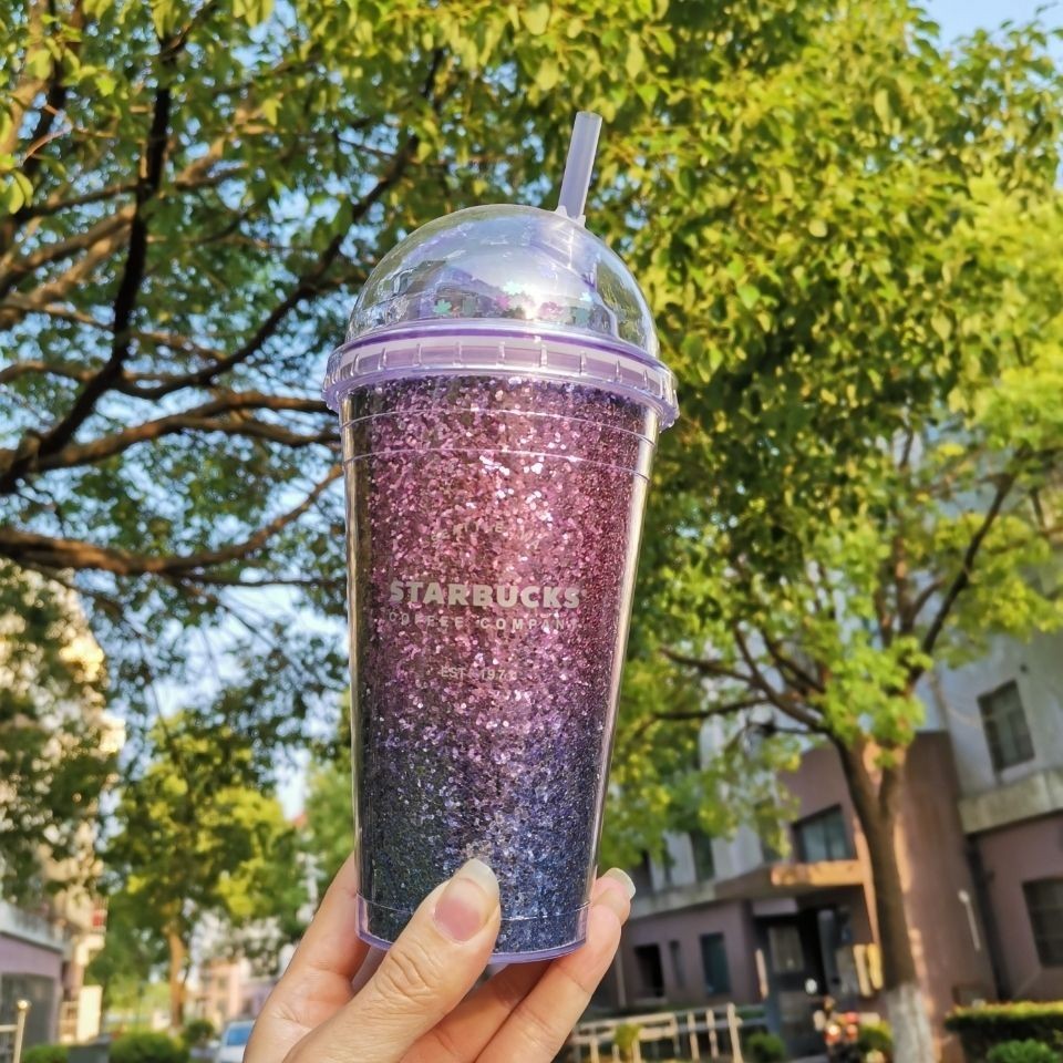 【促銷】星巴克杯子 夏季喝水杯473ml漸變紫亮片雙層塑膠拱蓋吸管杯亮片杯