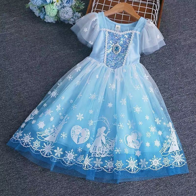 24新品 促銷兒童愛莎公主裙女童裙子春夏季冰雪奇緣艾莎禮服新款迪士尼洋裝