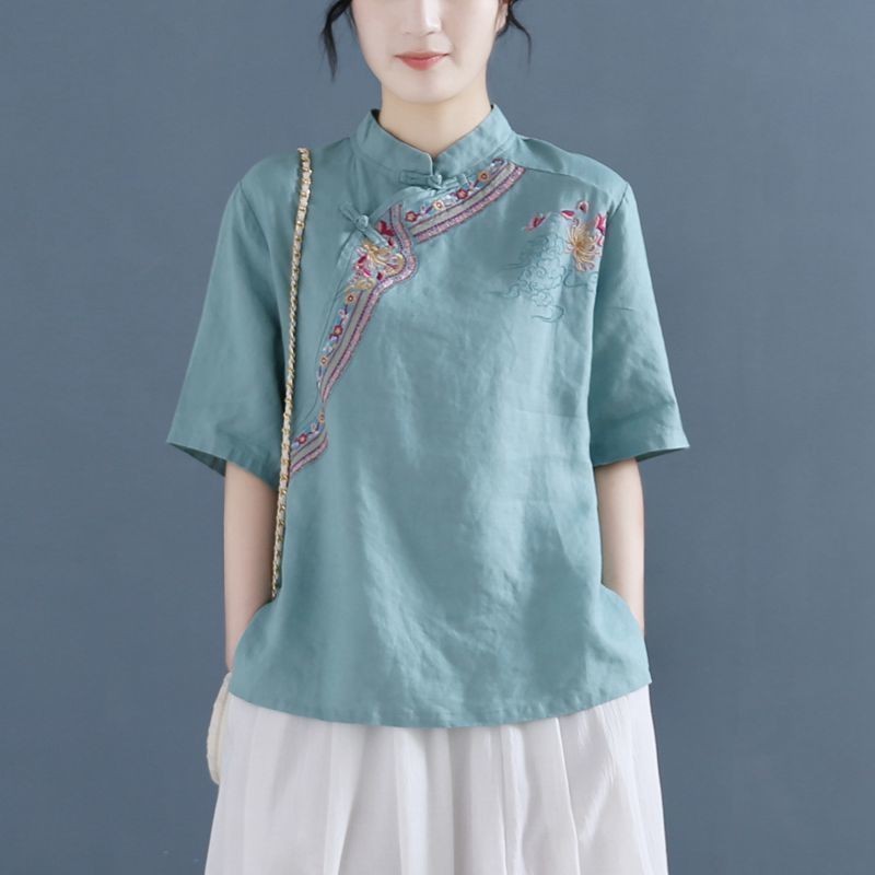 【小七】中國風服飾 中國民族風上衣中式女裝復古風刺繡棉麻襯衫套頭立領盤扣茶服上衣