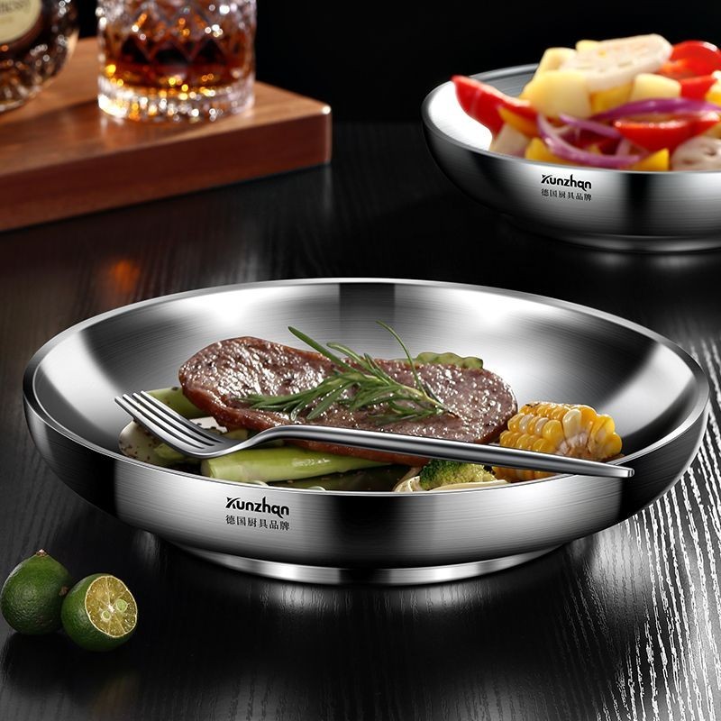 熱賣餐盤 不鏽鋼盤子家用雙層隔熱304不鏽鋼盤子歐式簡約圓盤平底餐盤菜碟子平盤燒烤