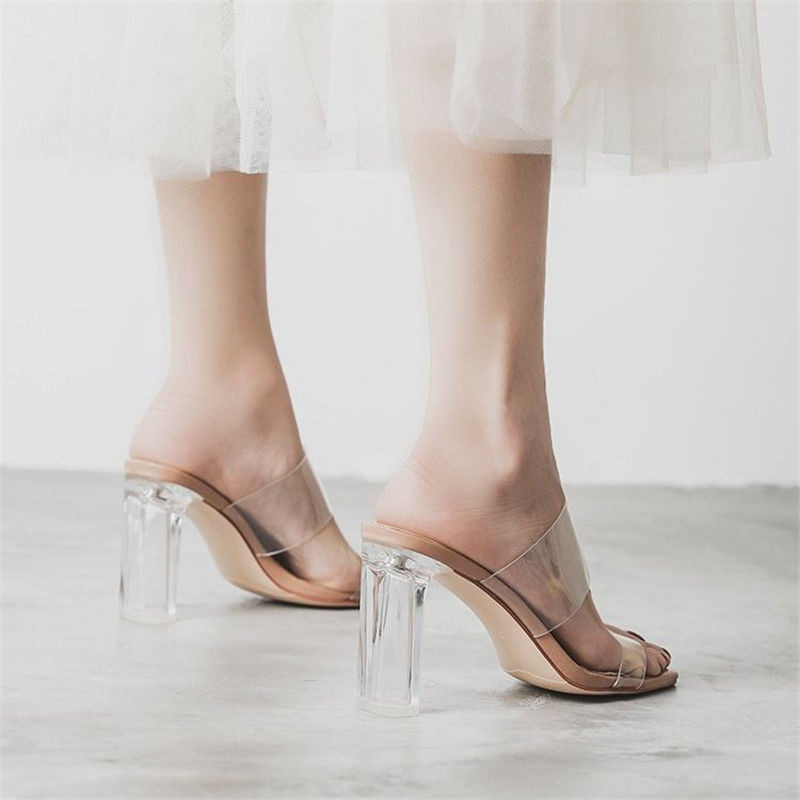 2023年新款夏季透明涼鞋女中跟粗跟水晶高跟鞋仙女風一字帶涼拖鞋