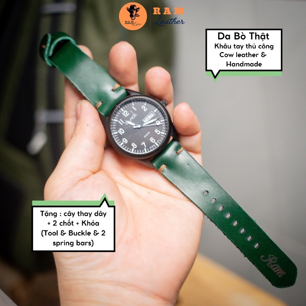 苔綠色牛皮手工錶帶 - 皮革簡約 V3 RAM 耐用 18 毫米、20 毫米、22 毫米、卡西歐 1200、iwatch