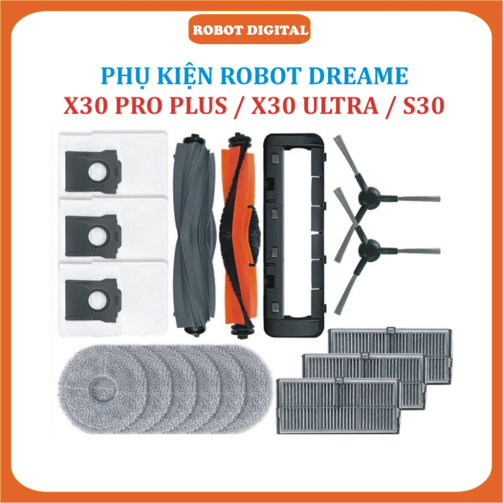 Dreame X30 Pro Plus /Ultra 機器人吸塵器配件、濕巾、Hepa 過濾器、邊刷、主刷、垃圾袋;