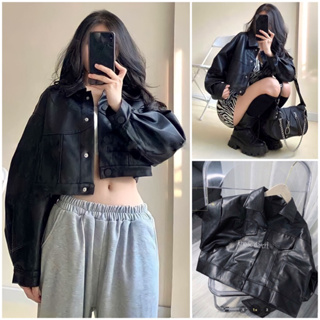 酷黑短款女式皮夾克,韓國 Ullzang 女式皮襯衫