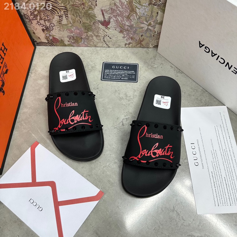 【新款】 Louboutin 橫帶皮革錶帶男士拖鞋帶鉚釘