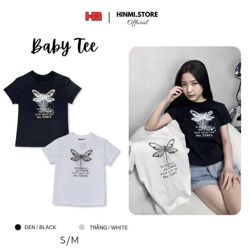 Baby Tee HINMI 高品質印花 T 恤,基本款易於搭配,白色棉質,黑色 Sm 碼