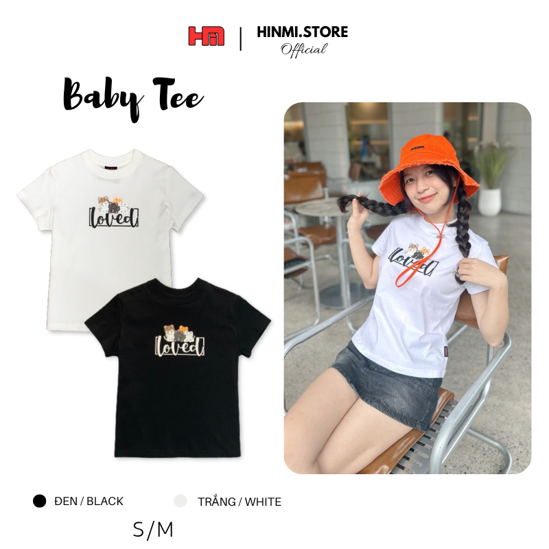 Baby Tee HINMI T 恤印花可愛醒目貓圖案優質棉質材料,黑色 Sm 碼