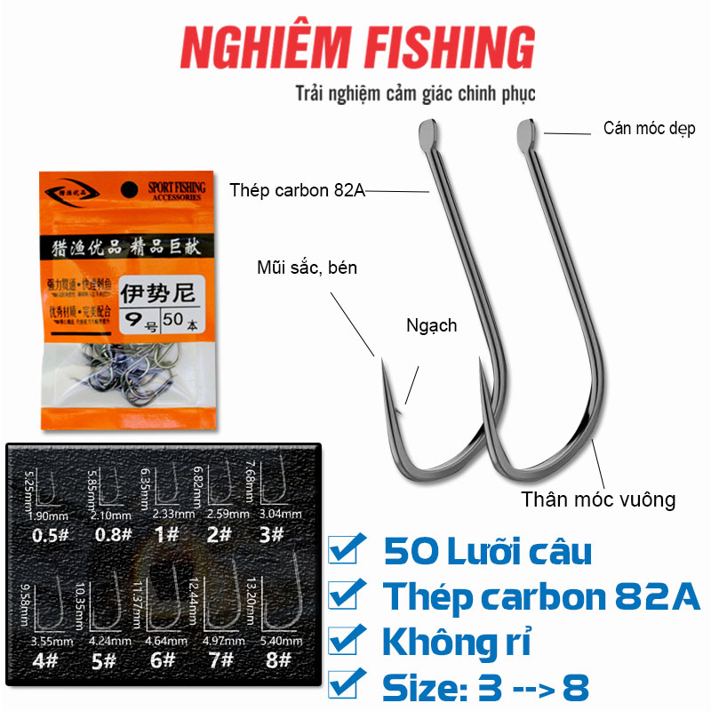 【魚鉤】50 碳鉤 82A 扁帶,不銹鋼多種釣魚尺寸“質量”(代碼 006)