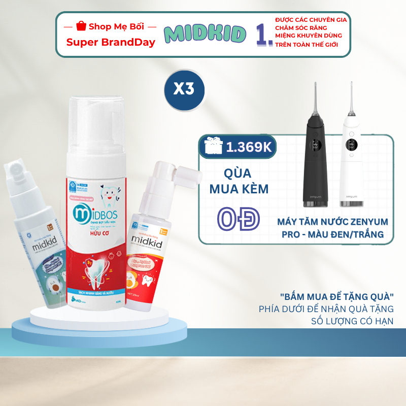 Combo X3 MIDKID 蛀牙噴霧包括 MIDBOS、葡萄味、蘋果適合 12 個月大的兒童防止蛀牙