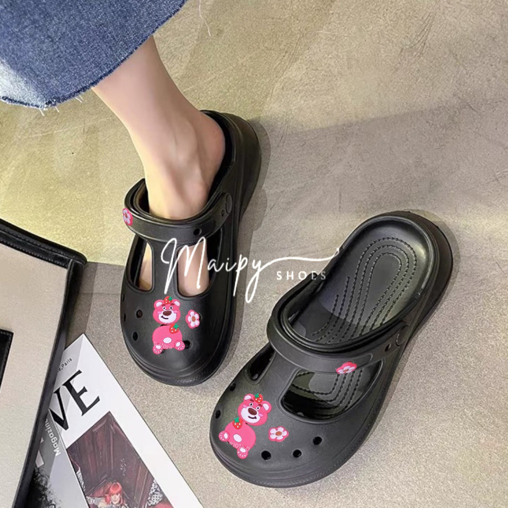 Crocs 鏤空小熊圖案高厚底涼鞋 4.5 厘米粉色 EVA 超輕 Maipy S066