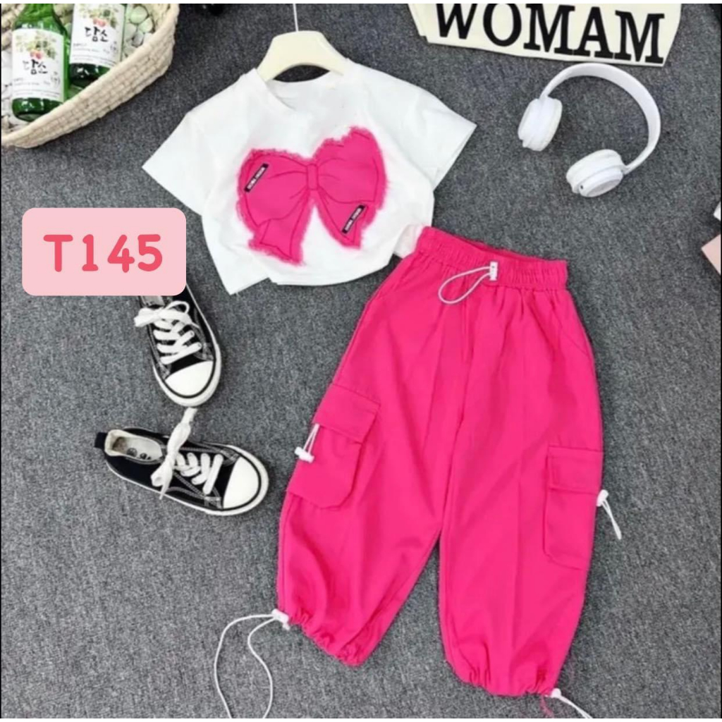 T145 套裝嬰兒閃電褲白色粉色心形蝴蝶結適合活動女孩