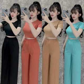 女裝女裝女裝闊腿褲帶口袋短袖羅紋露臍上衣女裝家居服