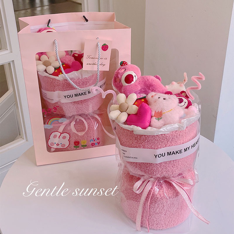 粉色洛索草莓熊花束帶可愛女士禮品袋