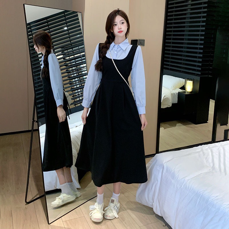 韓版長袖黑色連衣裙配藍色長袖襯衫 MS2130