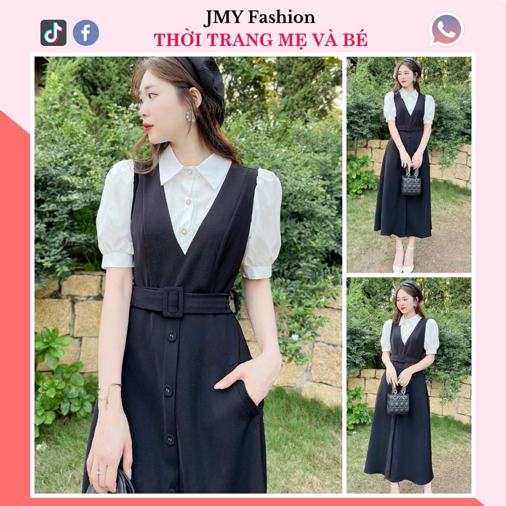 V380少女黑白工裝連衣裙【th Ha Thanh】(帶可拆卸腰帶)女士黑白襯衫裙