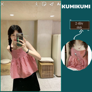 Kumikumi 格紋兩線娃娃裝娃娃衫甜美風露背兩線襯衫
