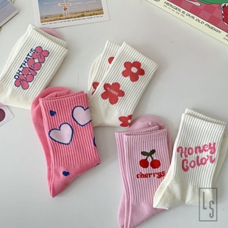 Cherry Flower Heart 襪子 - 可愛的粉色色調高領襪子