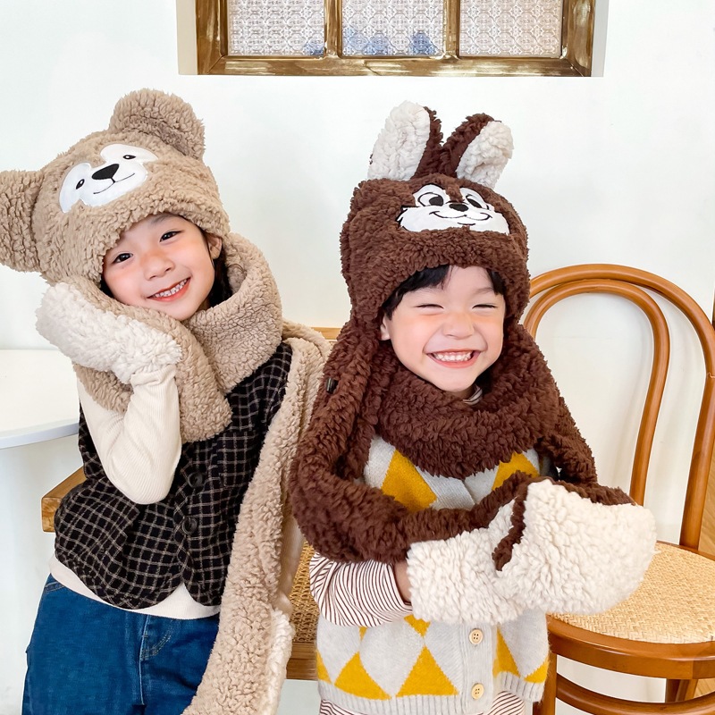 帽子、圍巾、兒童手套保暖冬季保暖、厚皮草、嬰兒兜帽