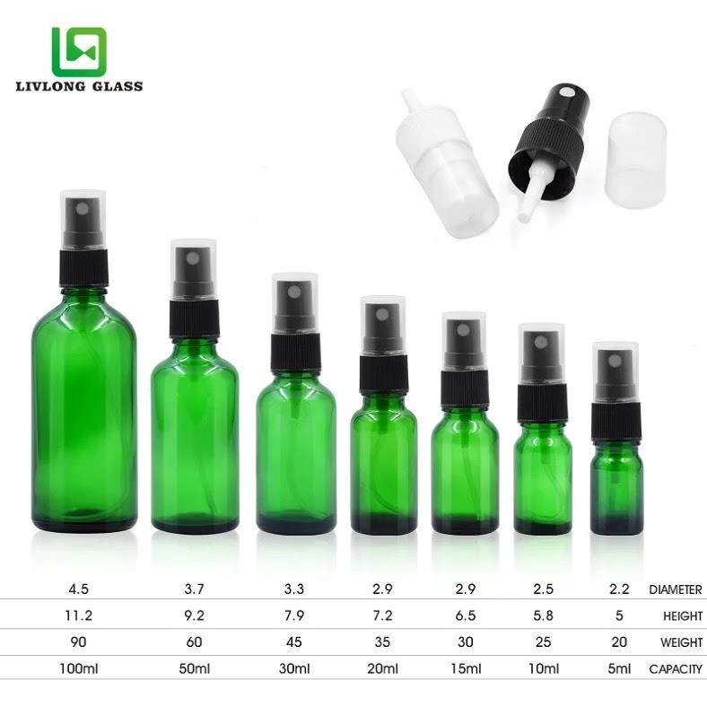 綠色玻璃噴霧瓶 5ML / 10ML / 15ML / 20ML / 30ML / 50ML 緊湊型旅行精油瓶
