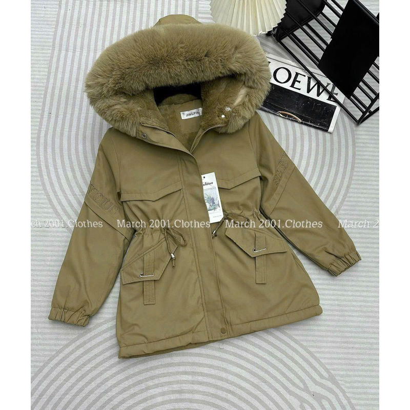 【三月2001】M185派克大衣卡其色皮草外套超保暖超美韓風