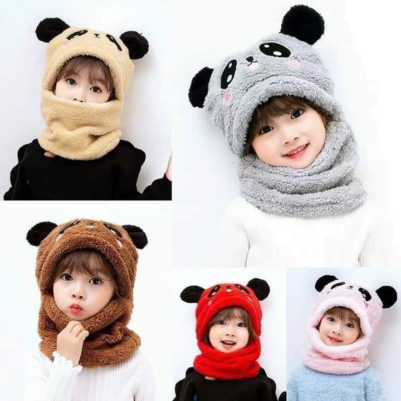 熊貓熊毛帽子嬰兒抓絨兒童毛呢帽子即時冬季保暖熊形圍巾