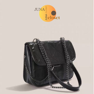 時尚黑色油蠟皮革單肩包帶鏈條復古風格代碼 JU35