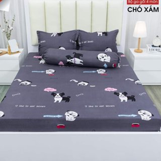 Combo 4 床上用品 m2 / m6 / m8 / 2m2 可愛的灰色狗床上用品,帶 2 個枕套 +1 個滌棉抱枕套