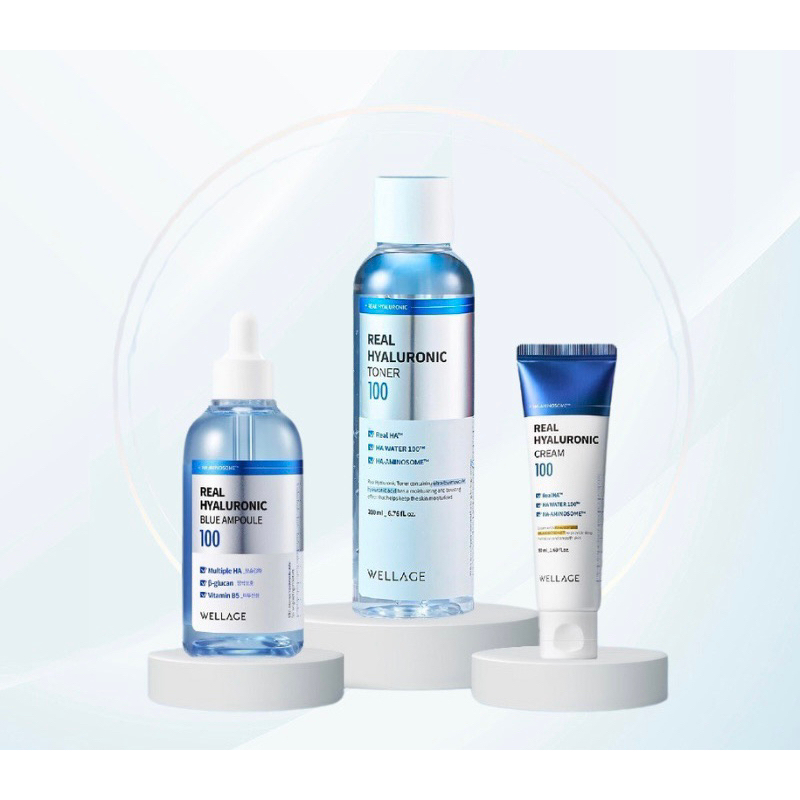 組合 3 步恢復和滋養 Wellage 真正透明質酸爽膚水 HA + 藍色安瓿 + 面霜