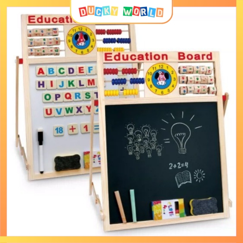 木製雙面智能學習板 90*45 可使用粉筆和筆,帶字母、數字、粉筆和記號筆 - Ducky World