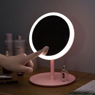 高品質 Pkbeoshop LED 桌面化妝鏡,圓形、粉色、耐用塑料,快速充電線