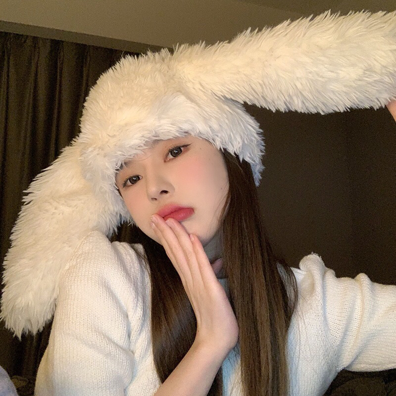 兔耳毛帽子荷葉邊兔耳朵 2 層冬季時尚