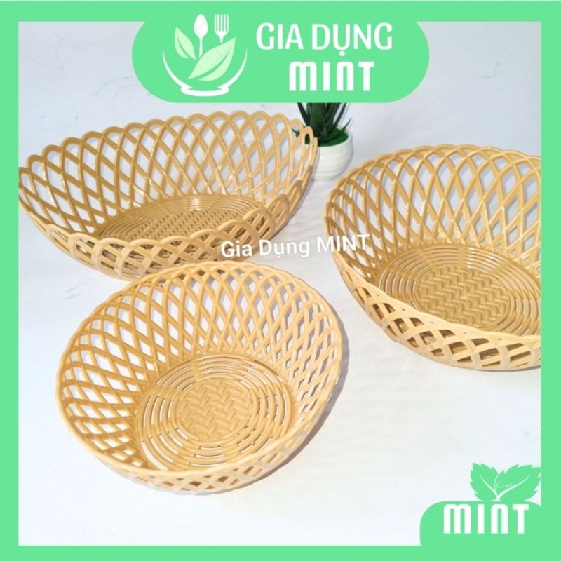 圓形編織竹和藤製塑料籃,橢圓形用於方便水果、生蔬菜 - 竹和藤製塑料托盤