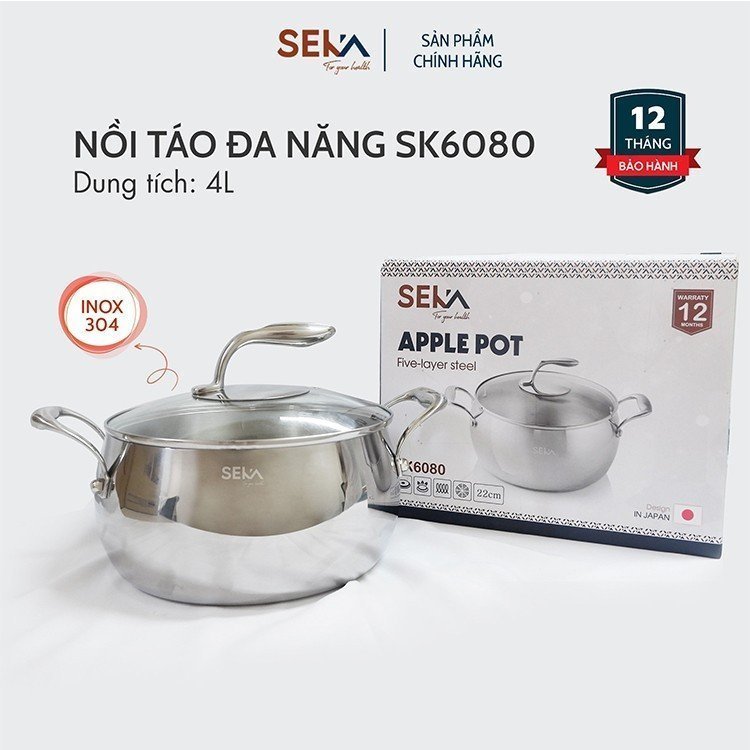 不銹鋼底鍋 5 層 SEKA SK6080 尺寸 22 厘米,現代容量多功能烹飪鍋,鋼化玻璃蓋,SEKA 不銹鋼蘋果鍋