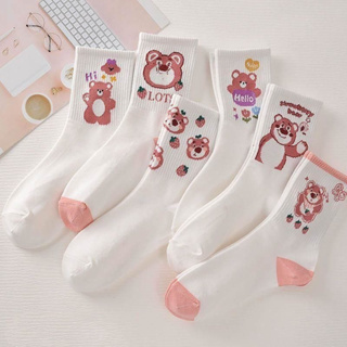 可愛的草莓熊圖案高領襪,棉質防臭女襪套裝 - NOCS