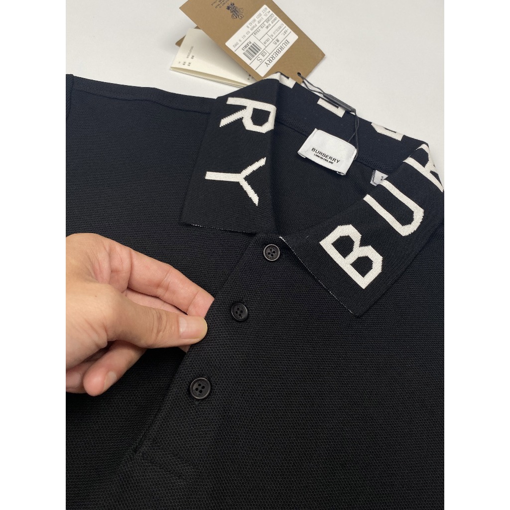 男士白領 Polo BB'R T 恤,黑色 LA 版(領口字母)