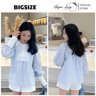 Bigsize 藍色條紋圖案女式襯衫,適合娃娃造型外出熱門潮流 Lucy Bigsize