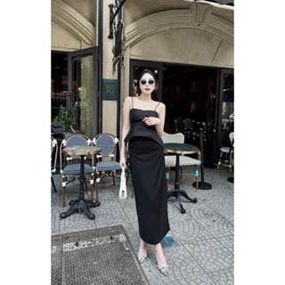 一套 2 線亞麻襯衫 MIX 黑色交叉腿裙 90 厘米長超尊重開叉,全尺寸自拍