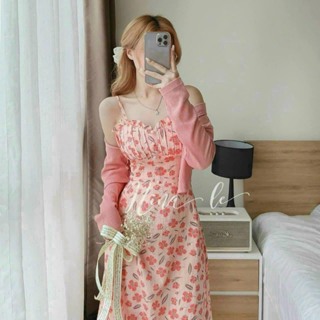 兩串粉色花朵海綿連衣裙帶泡沫內襯帶長袖羅紋t恤 BH105
