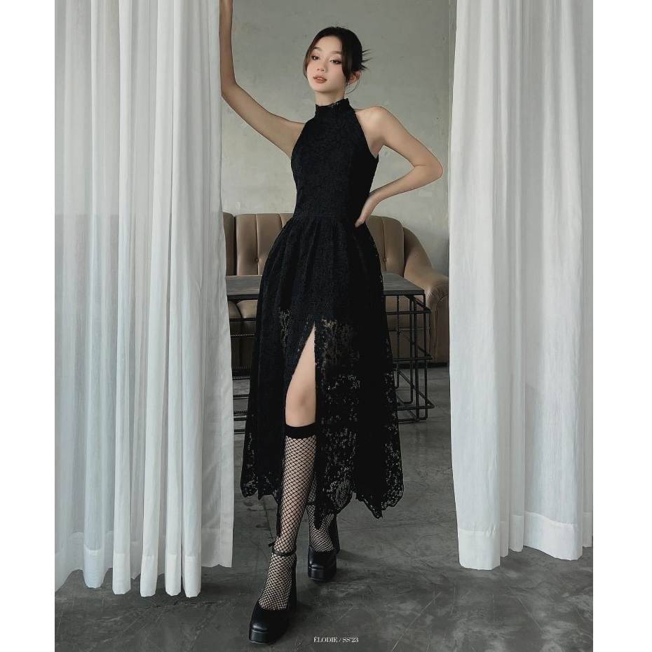 採用奢華性感的黑色翻蓋設計的中長蕾絲連衣裙 S035