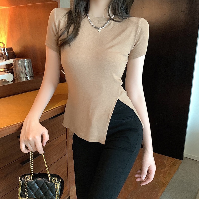 Sh34 女式韓國時尚純色短袖露臍上衣 T 恤