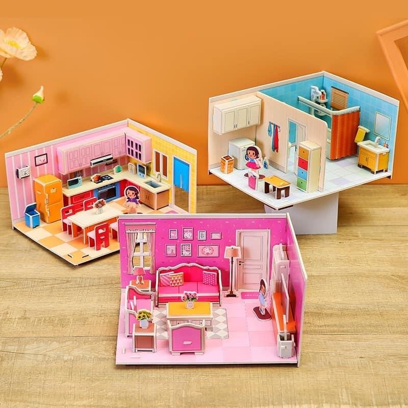 3d 拼裝房子益智玩具,帶有可愛的泡沫紙室內設計,適合兒童練習思維技能