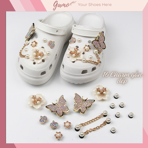 一套 16 個貼紙魅力三維帶 Bling 蝴蝶鏈花卉裝飾 DIY Gamo JB-116 穆勒鞋