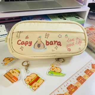Capy bara 多功能多隔層筆袋帶奶茶色調帶抽繩後背