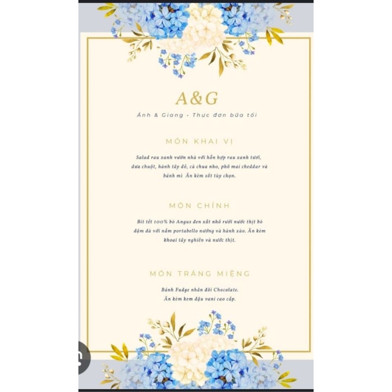 婚禮菜單,自寫客人或印刷在一套 10 張美麗紙 A5 張上。