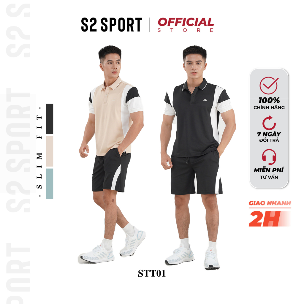 S2 SPORT 男士夏季服裝套裝圓領短袖,CVC 男士運動鞋,帶條紋圖案吸汗 - BTT01